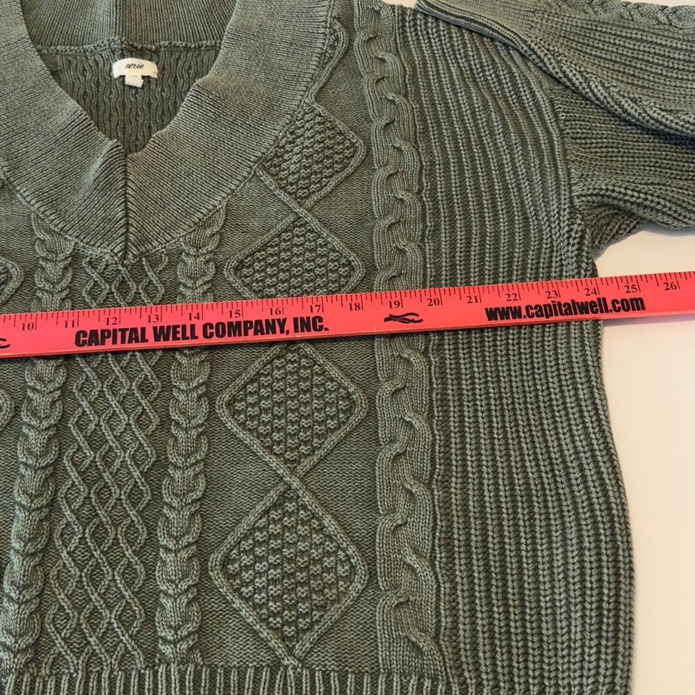 Aerie Sage Green Cable Knit V-Neck Sweater Women's Large Cotton Oversized Earthy - Picture 3 of 10
